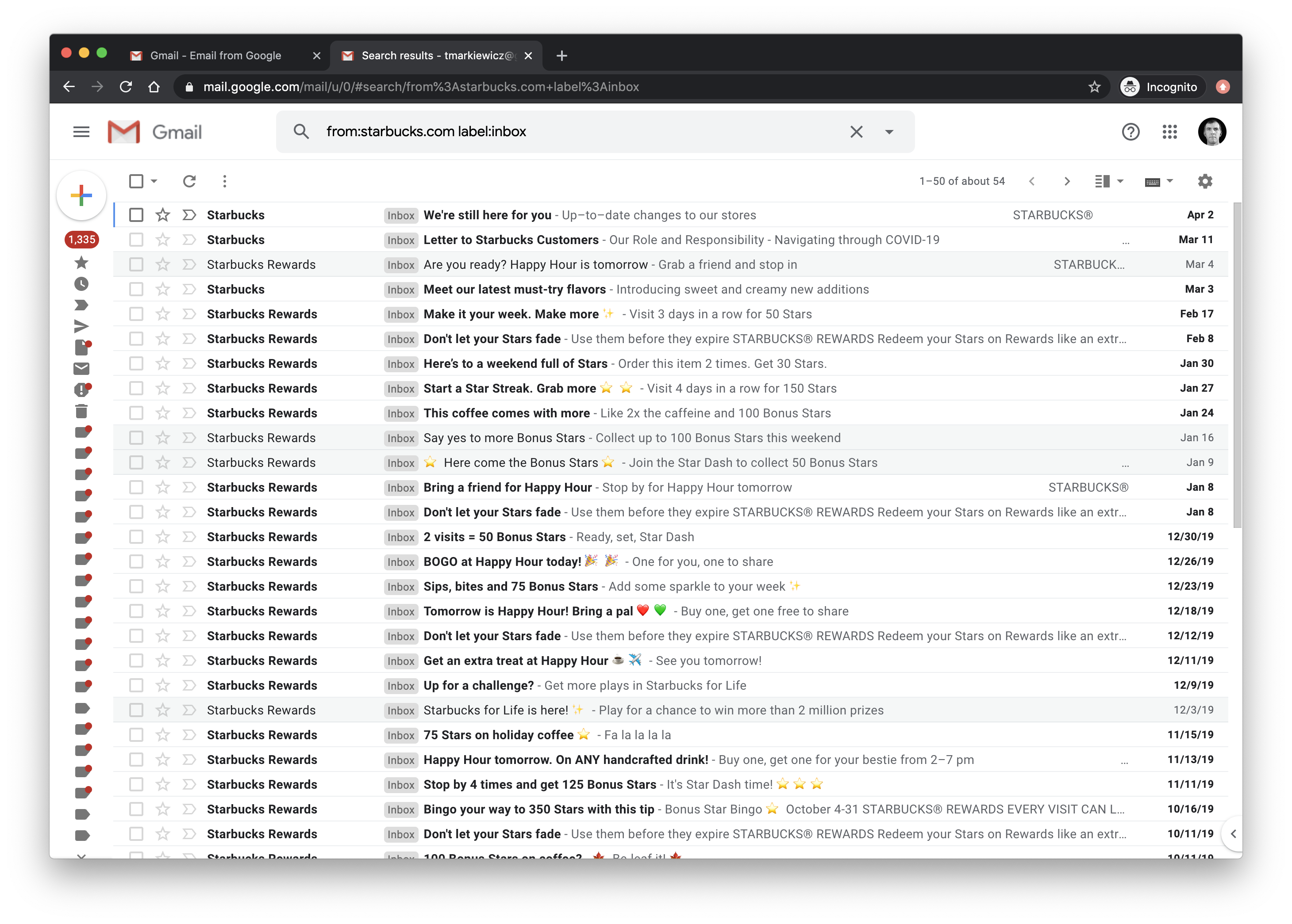 Searching Gmail inbox screenshot