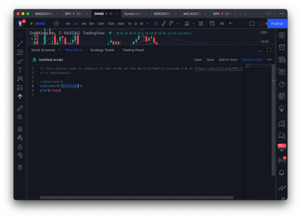 TradingView Pine Script programming language editor